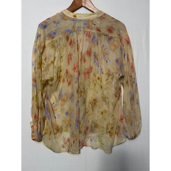 Zara Woman's Small Sheer Floral Blouse Yellow Multicolor Button Front Boho Top - Picture 6 of 8